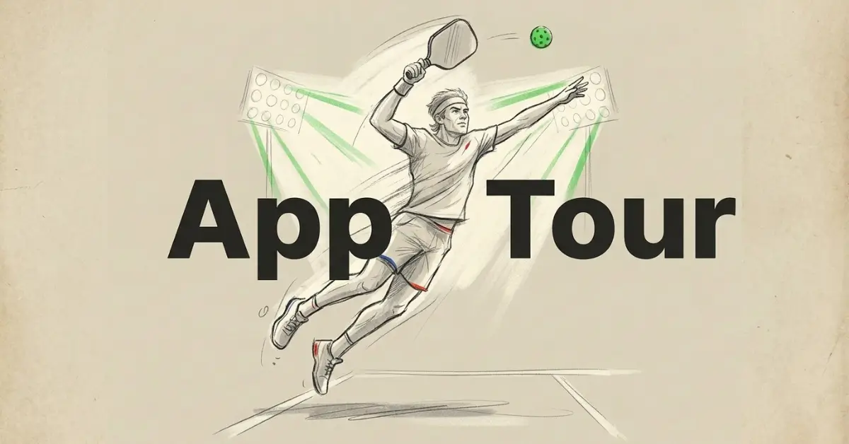 App Tour pickleball player leaping mid-air to smash a green ball in a hand-drawn sketch illustration
