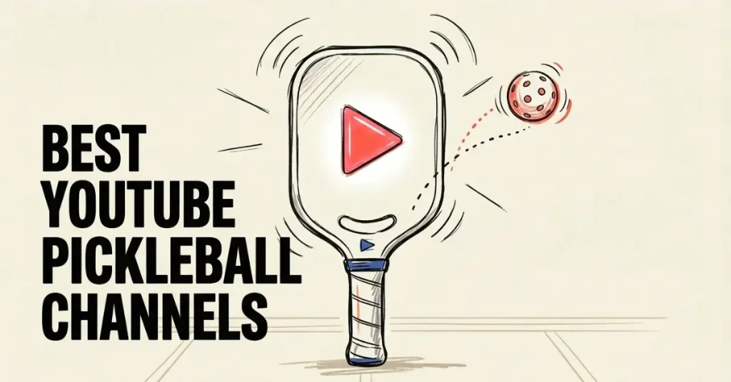 Hand-drawn pickleball paddle with red YouTube play button — best pickleball YouTube channels guide