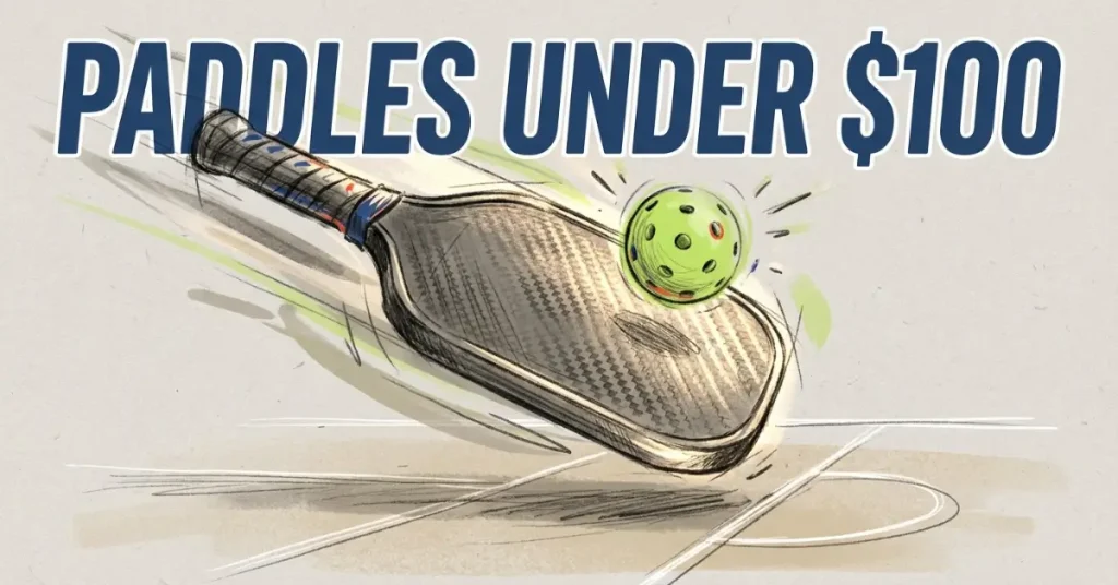best pickleball paddle under $100 showing dark paddle with lime green ball diagonal motion Paddles Under $100