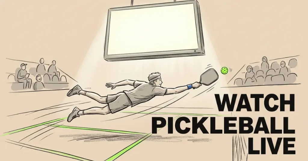 Illustration of a pickleball player diving mid-air to return a shot — tips on how to watch pickleball live on TV