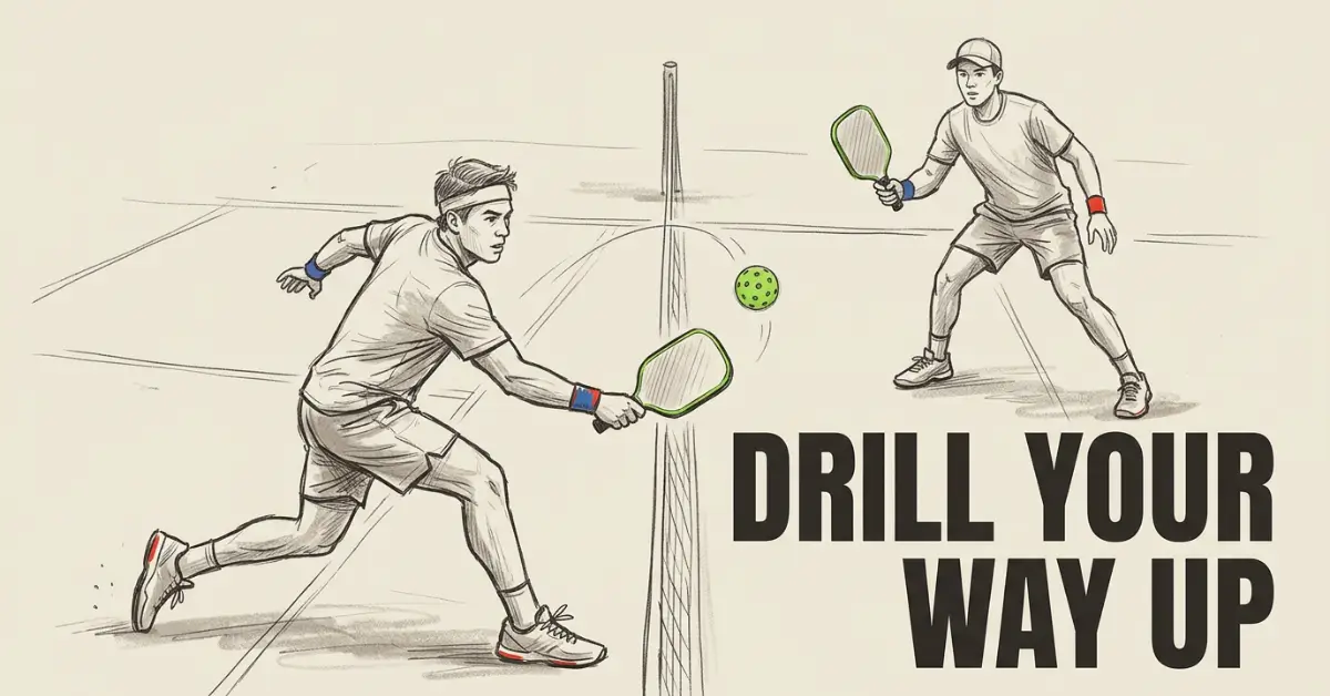 Dos jugadores practicando ejercicios de pareja de pickleball en la red — ilustración de boceto del intercambio de dink