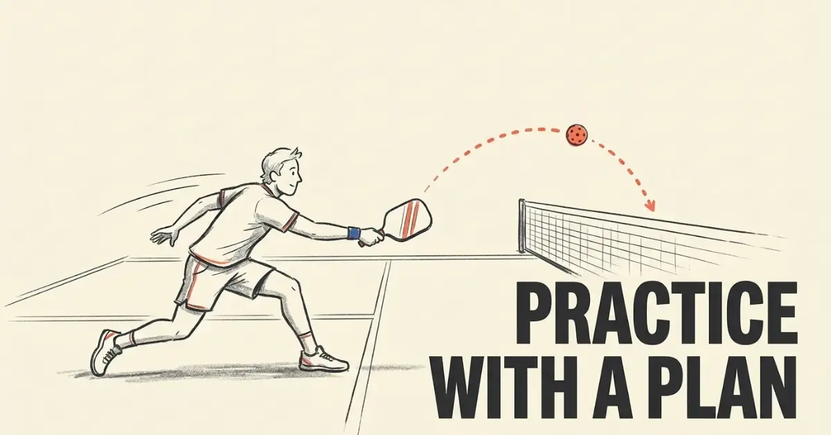 Jugador de pickleball lanzándose para una pelota sobre la red — guía visual para crear un plan de práctica sólido de pickleball