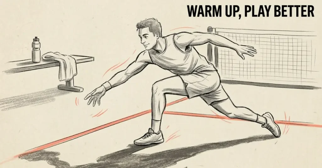 इनडोर कोर्ट पर पिकलबॉल वार्म‑अप के हिस्से के रूप में गहरी लंगड़ाव स्ट्रेच करता पुरुष खिलाड़ी