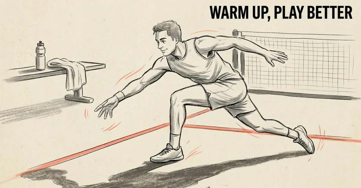 Jugador masculino de pickleball realizando un estiramiento profundo de zancada como parte del calentamiento de pickleball en una pista cubierta