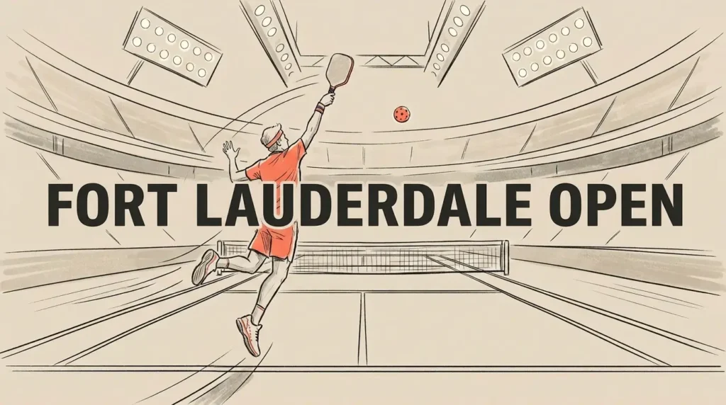 手绘插图：一名 pickleball 球员在 Fort Lauderdale Open 中跃起进行高吊扣杀