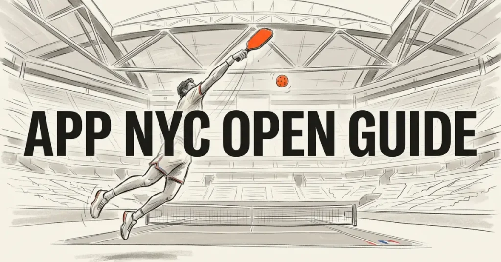 手绘插图：APP纽约城公开赛体育馆场地上，球员冲刺抢夺高吊球