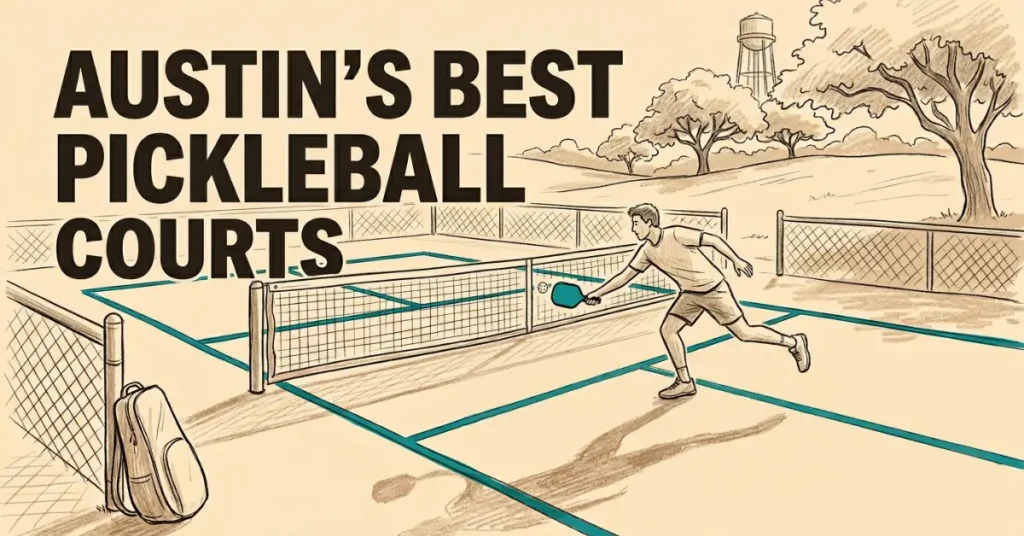 插图特色图片，标题为 Austin's Best Pickleball Courts，展示一名玩家在户外球场上冲击击球，背景是德州的水塔。
