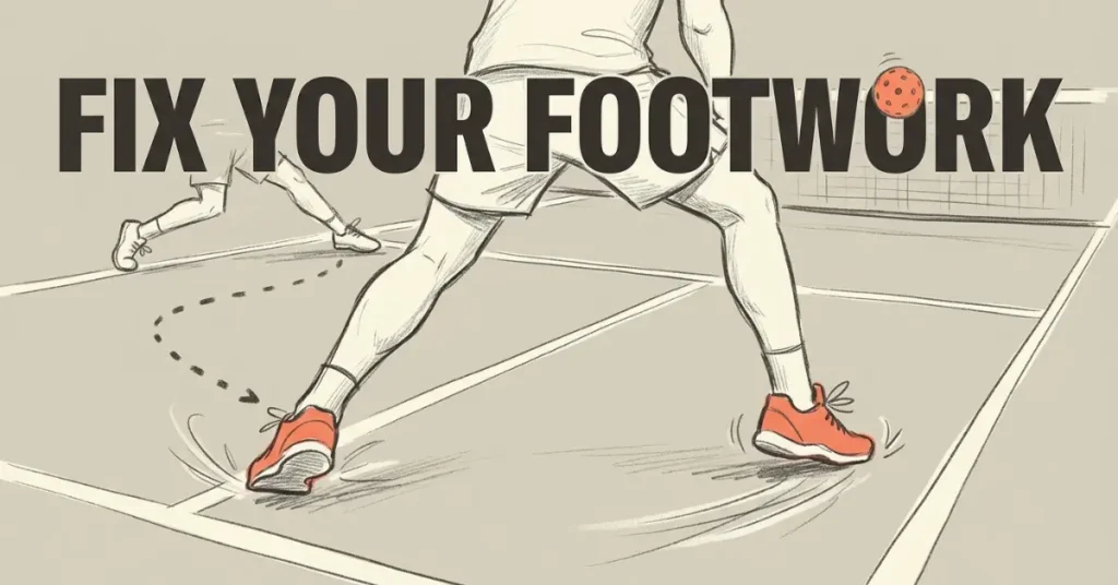 赤いシューズで示す、修正すべきピクルボールの足さばきイラスト