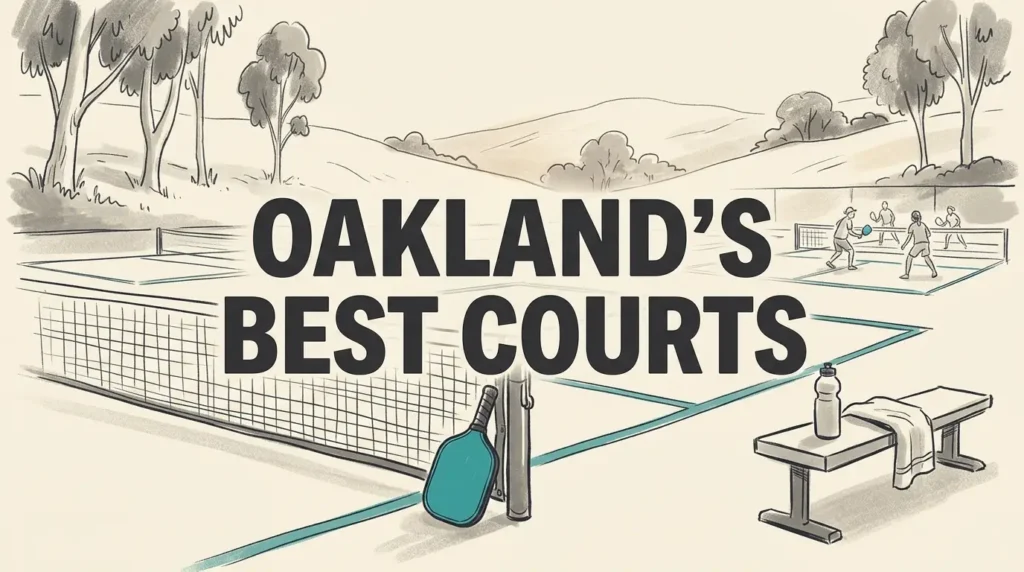 Oakland Pickleball Courts sketch with teal paddle, net, bench, water bottle, and players on outdoor courts