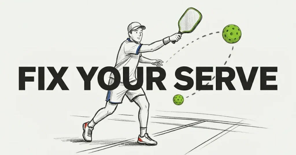 草图玩家在场上发球，两个绿球飞行，标题“修正你的发球”