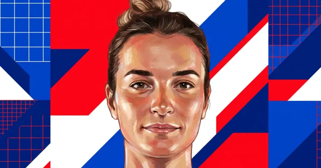 Catherine Parenteau Pickleball-Spielerin Hero-Bild mit kräftigem rot-weiß-blauem geometrischem Hintergrund