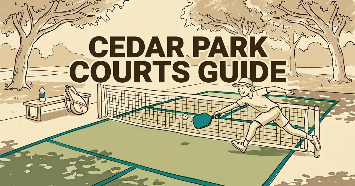 그늘 나무 아래 야외 코트에서 샷을 시도하는 선수를 보여주는 Cedar Park 피클볼 코트 가이드 일러스트.