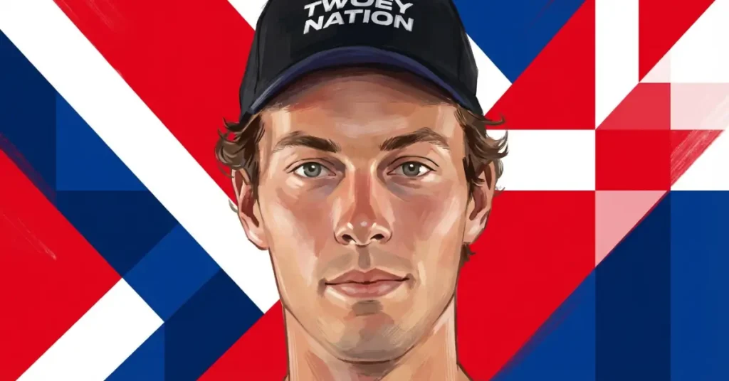 Connor Garnett pickleball 球员英雄图片，背景为大胆的红白蓝几何图案