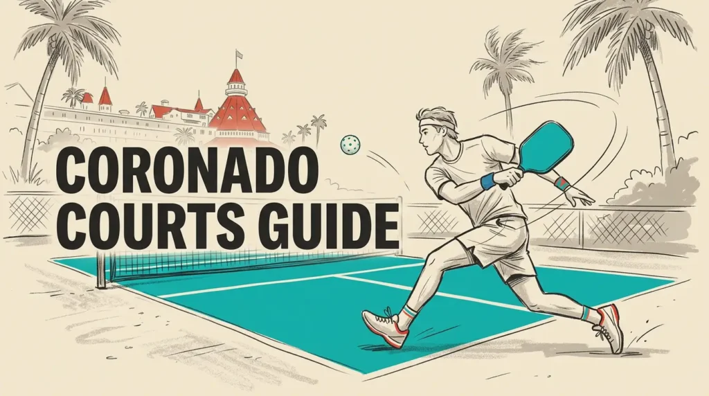 कोरोनाडो पिकलबॉल कोर्ट्स का चित्रित गाइड, जिसमें एक खिलाड़ी टील कोर्ट पर बैकहैंड मार रहा है, पाम पेड़ और पृष्ठभूमि में होटल डेल कोरोनाडो दिखता है।
