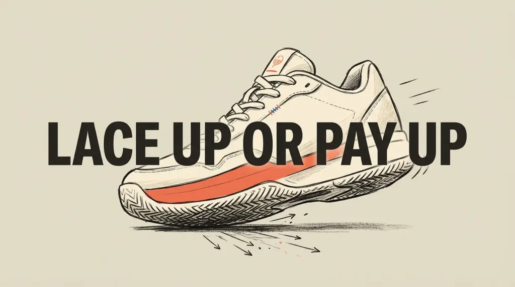 展示一双带有人字形纹路的羽毛球场鞋，配有粗体文字阅读系好鞋带或付出代价。