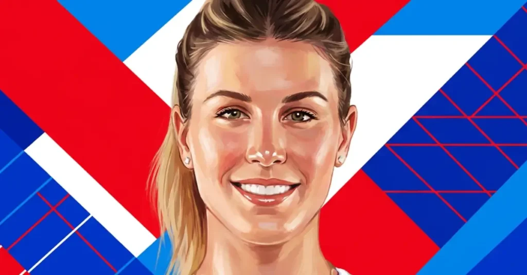 Genie Bouchard Pickleball-Spielerin Hero‑Bild mit kräftigem rot‑weiß‑blauem geometrischem Hintergrund