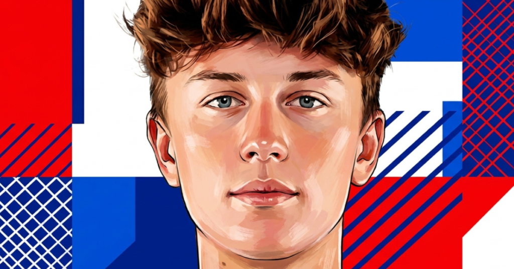 Hayden Patriquin pickleball player hero image with bold red white and blue geometric background