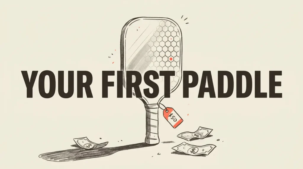 ハニカムコアパターンのピクルボールパドルのイラスト、$50の価格タグと紙幣が散らばり、太字で「あなたの最初のパドル」