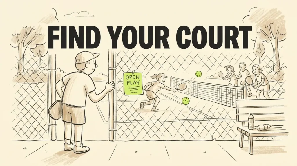オープンプレイコートに到着したピクルボール選手と、他の選手がラリーしている様子のイラスト。シーン上部には “Find Your Court” の見出しがあります。.