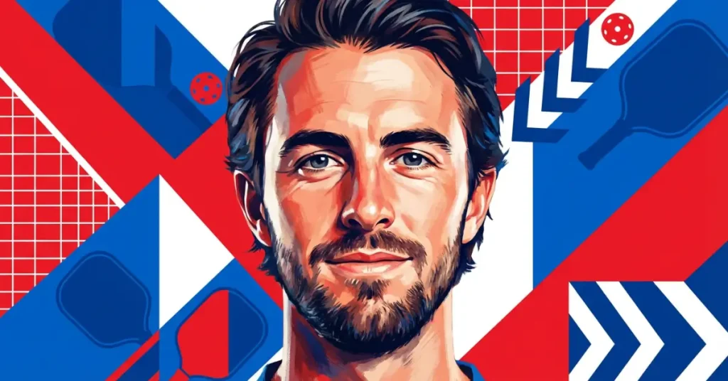 Hunter Johnson 皮克球选手英雄形象，配以大胆的红白蓝几何背景