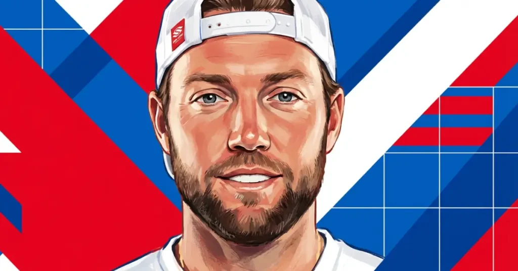 Jack Sock Pickleball-Spieler‑Heldenbild mit kräftigem rot‑weiß‑blauem geometrischem Hintergrund