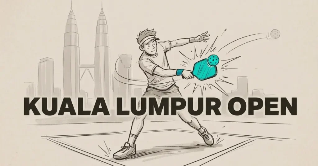 插图：一名皮克球选手在吉隆坡天际线前击球，背景为双子塔，文字“吉隆坡公开赛”。.