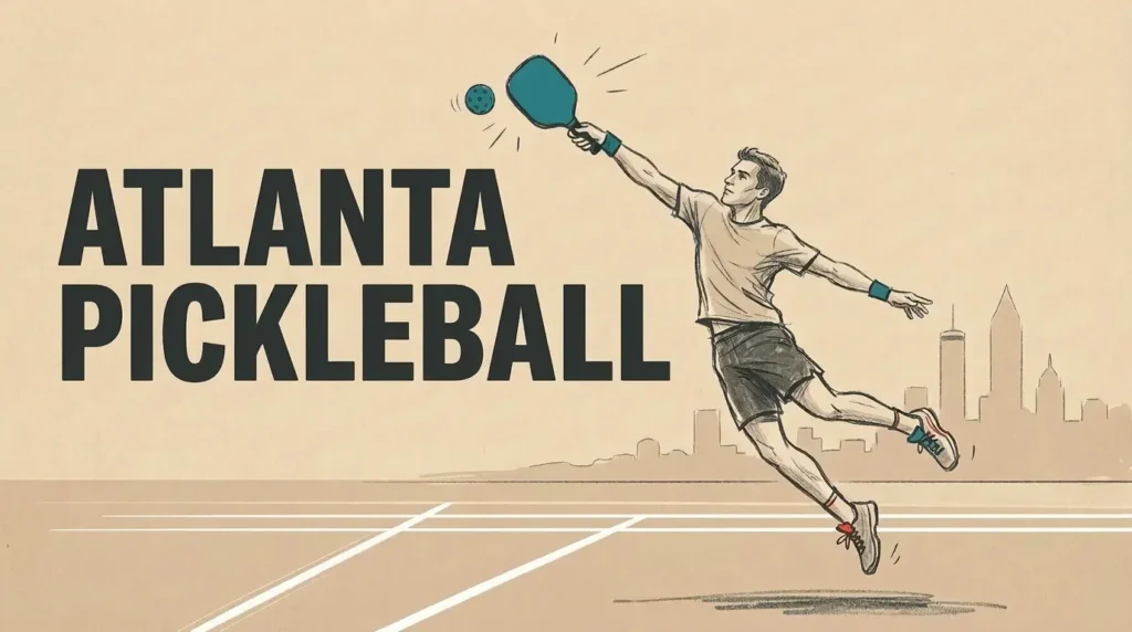 एटलांटा शहर के स्काईलाइन को पृष्ठभूमि में रखते हुए हवा में कूदते हुए एक पिकलबॉल खिलाड़ी की चित्रण — Veolia Atlanta Pickleball Championships टूर्नामेंट गाइड