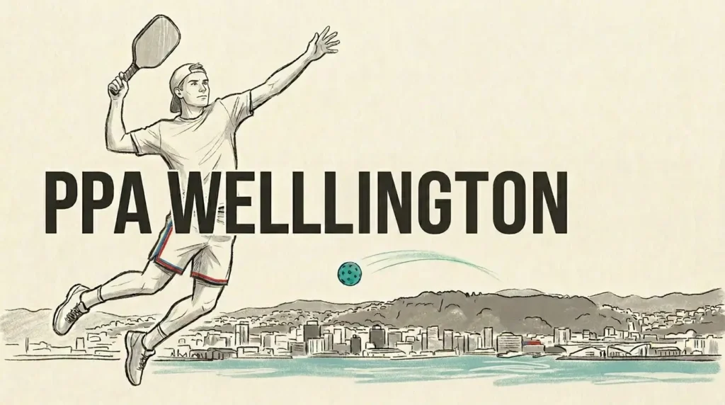 PPA Australia 125 Wellington pickleball tournament hero illustration with player and city skyline