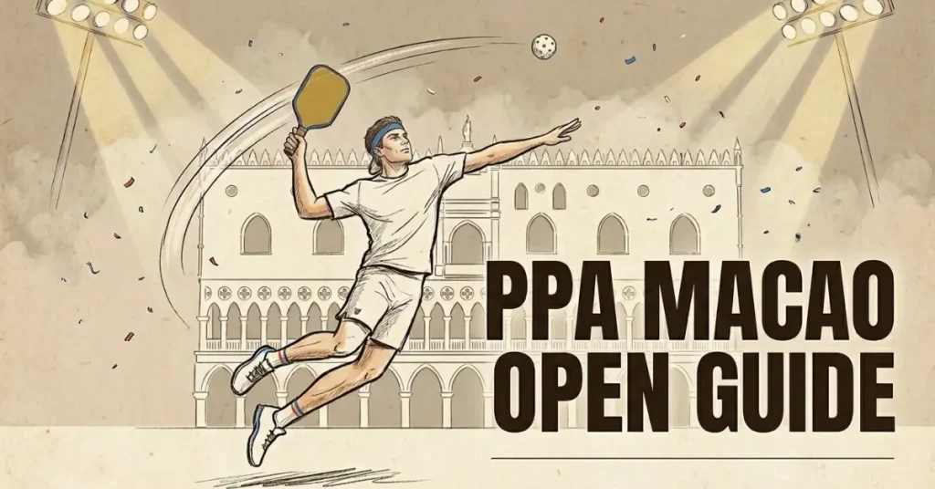 图示PPA澳门公开赛指南封面，展示一名选手在威尼斯人澳门外墙前跃起进行高吊扣杀。