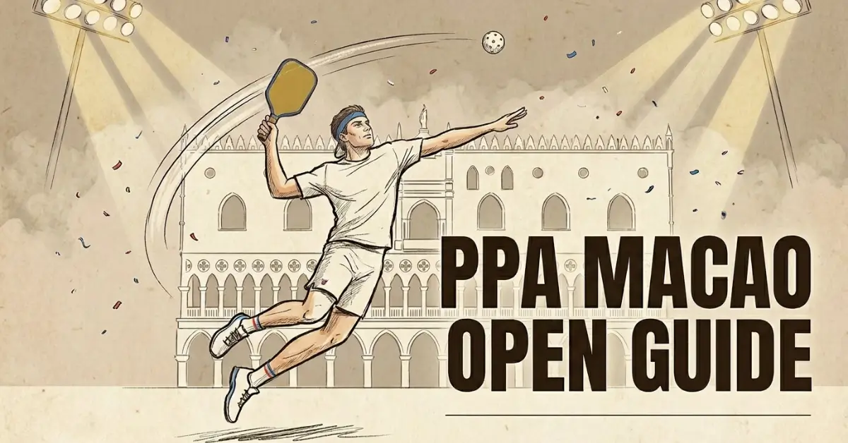 图示PPA澳门公开赛指南封面，展示一名选手在威尼斯人澳门外墙前跃起进行高吊扣杀。