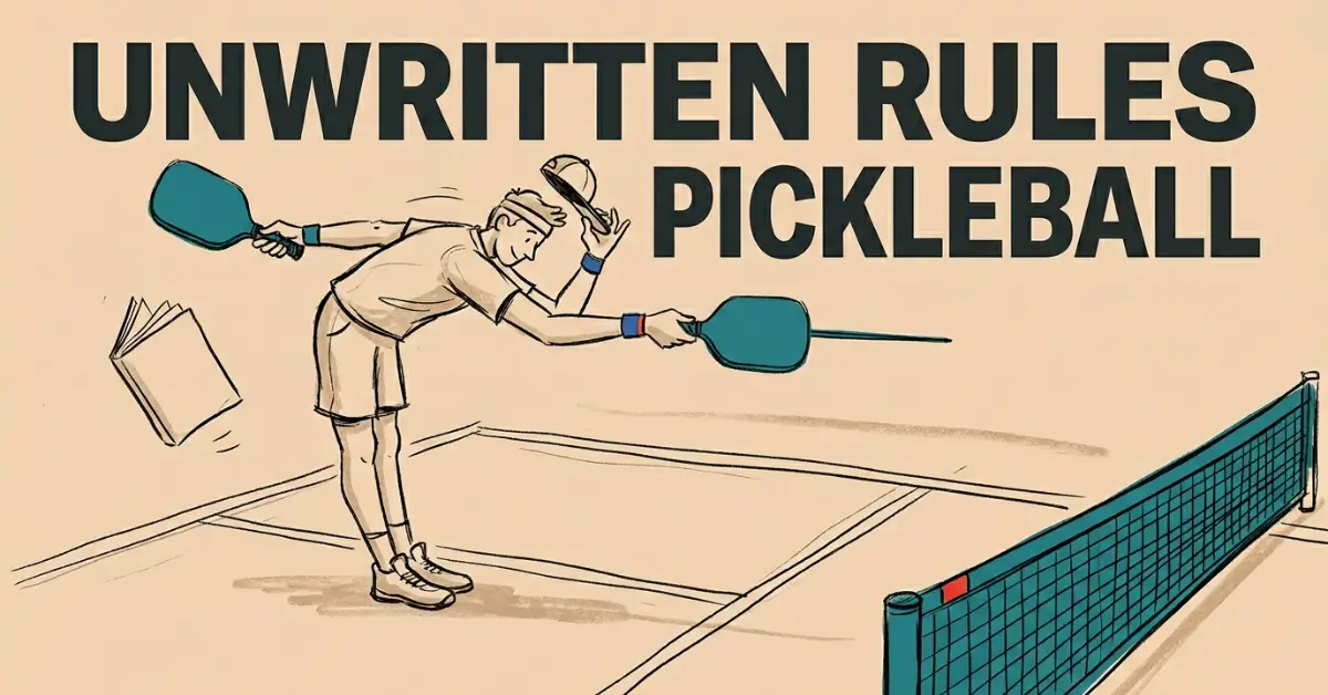 헤드라인 “Unwritten Rules Pickleball" 아래 네트에서 절하는 피클볼 선수 일러스트