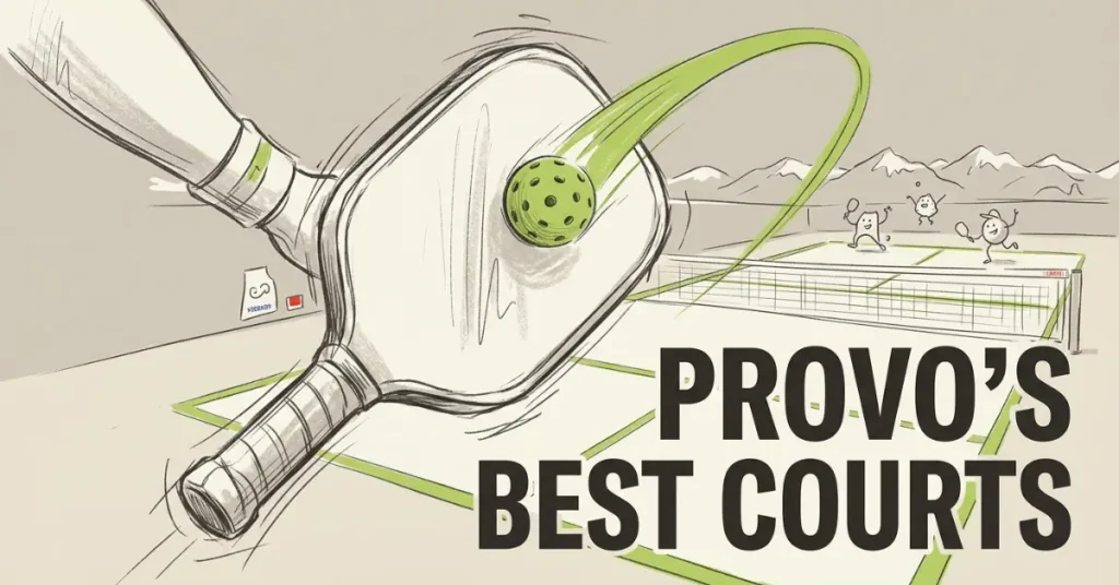 图示 Pickleball 球拍在 Provo 球场击球，背景为 Wasatch 山脉，文字显示 Provo'的最佳球场