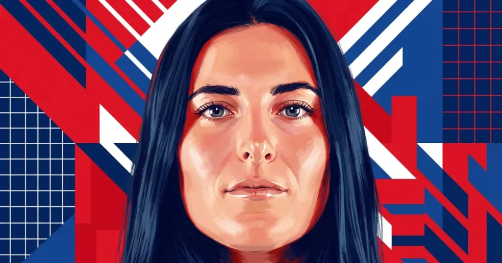 Rachel Rohrabacher Pickleball-Spielerin Hero-Bild mit kräftigem rot-weiß-blauem geometrischem Hintergrund