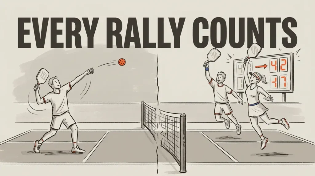 पिकलबॉल रैली स्कोरिंग चित्रण जिसमें सर्वर नेट के ऊपर गेंद मार रहा है जबकि दो प्रतिद्वंद्वी एक अंक का जश्न मना रहे हैं, बगल में दो-अंकीय स्कोर दिखाने वाला स्कोरबोर्ड