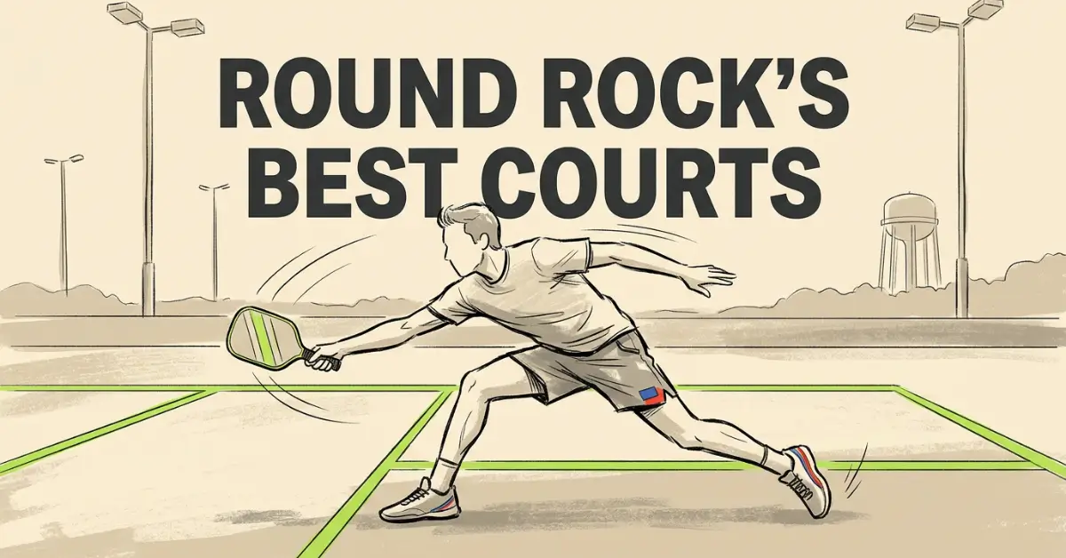 德克萨斯州朗德罗克户外球场上，pickleball 球员冲刺正手击球的插图，背景有水塔。