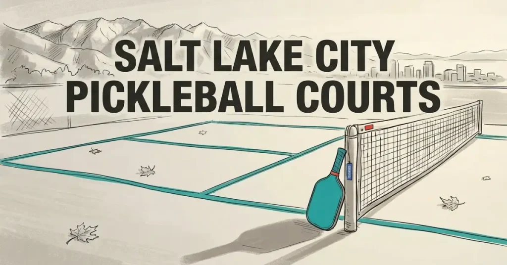 Illustration of an empty Salt Lake City pickleball court with a teal paddle leaning against the net and the Wasatch Mountains in the background
