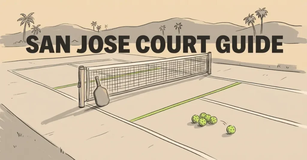 San Jose Pickleball Courts guide illustration with net, paddle, and balls on an outdoor court