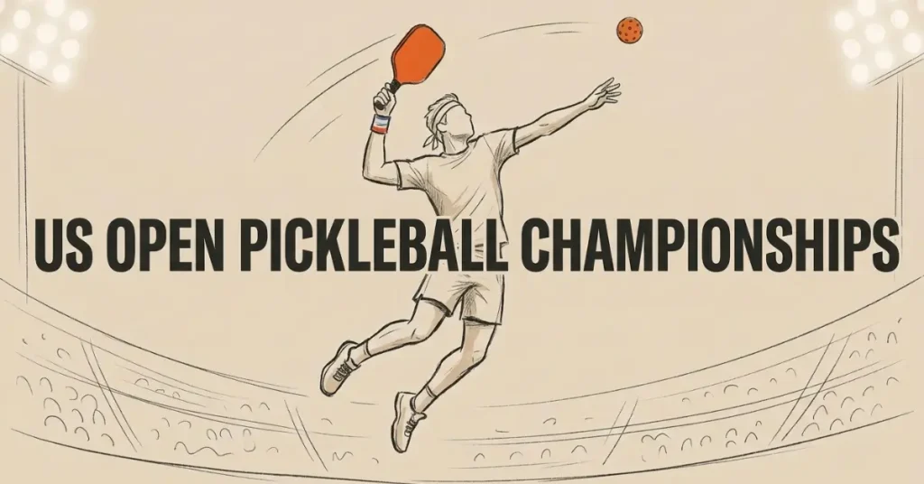 Player jumping to smash at the US Open Pickleball Championships with stadium crowd in background