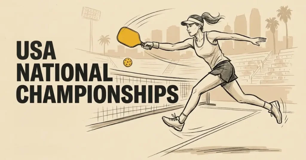 एक महिला पिकलबॉल खेल रही है USA पिकलबॉल राष्ट्रीय चैम्पियनशिप में, शहर के स्काईलाइन पृष्ठभूमि के साथ