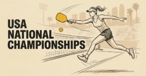Woman playing pickleball at the USA Pickleball National Championships with a city skyline backdrop