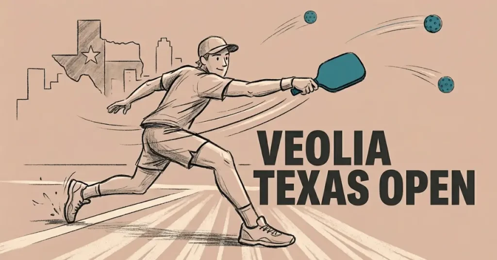 テキサスのスカイラインとVeolia Texas Openタイトルを背に、フォアハンドに向かって突進するピクルボール選手のスケッチイラスト
