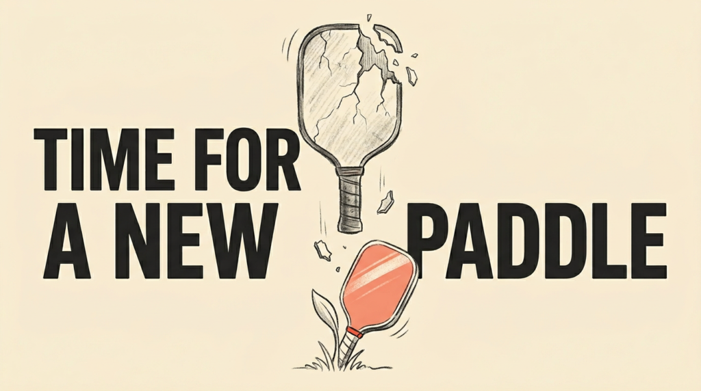 插图显示“该换新球拍了”，展示一把破损的pickleball球拍和一把新替换球拍。.