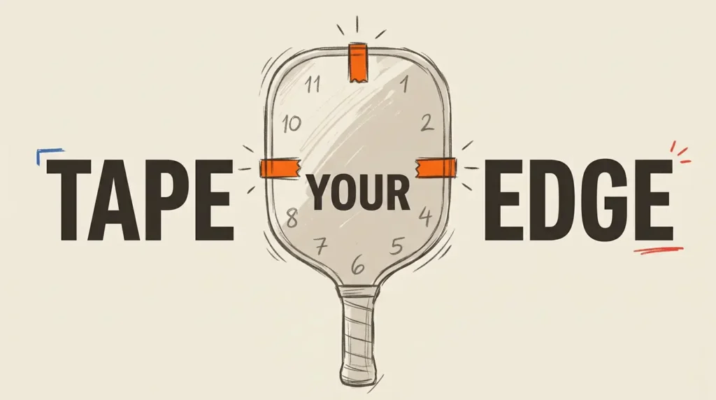 ピクルボールパドルにリードテープを貼る位置（時計の文字盤で12時、3時、9時 o'clock）