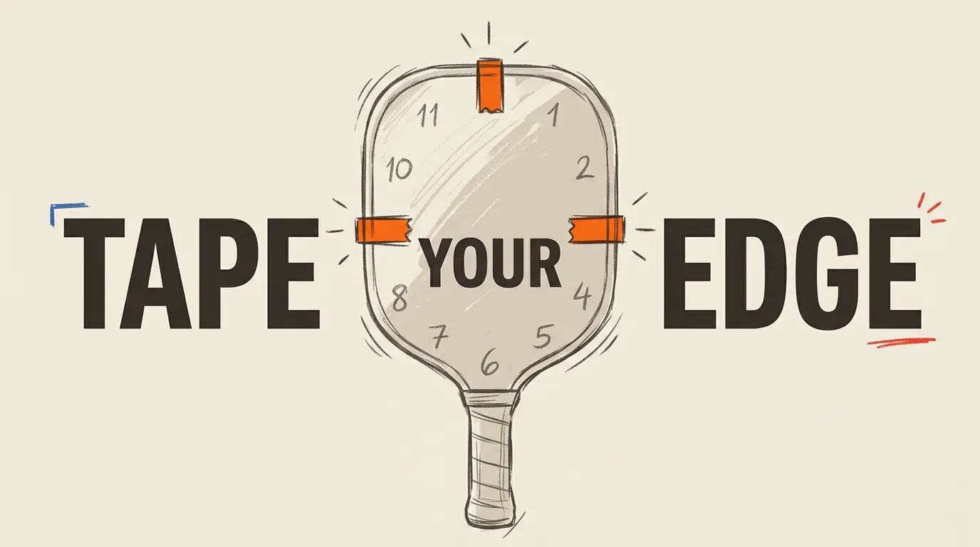 피클볼 라켓에 리드 테이프를 붙이는 위치를 시계 12시, 3시, 9 o'clock에 표시