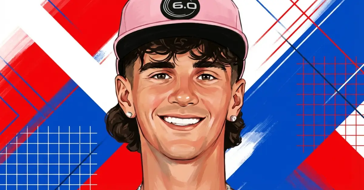 Ford 피클볼 선수 히어로 이미지, 굵은 빨강·흰색·파랑 기하학 배경