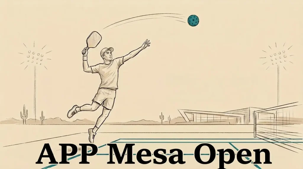 APP मेसा ओपन में एक रेगिस्तानी पृष्ठभूमि के साथ ओवरहेड शॉट मारते हुए कूदते पिकलबॉल खिलाड़ी की चित्रण