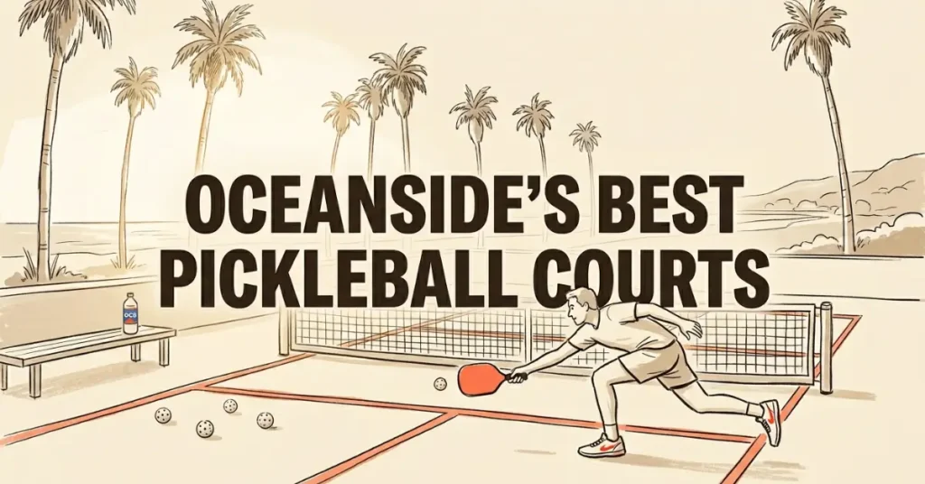 ओशन्साइड'स पिकलबॉल कोर्ट्स पाम ट्रीज़ पृष्ठभूमि के साथ