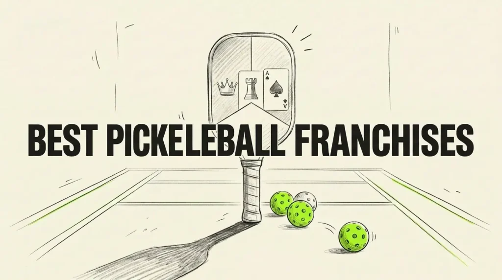 最佳皮克尔球特许经营插图，包含球拍、球场和顶级室内俱乐部的品牌图标