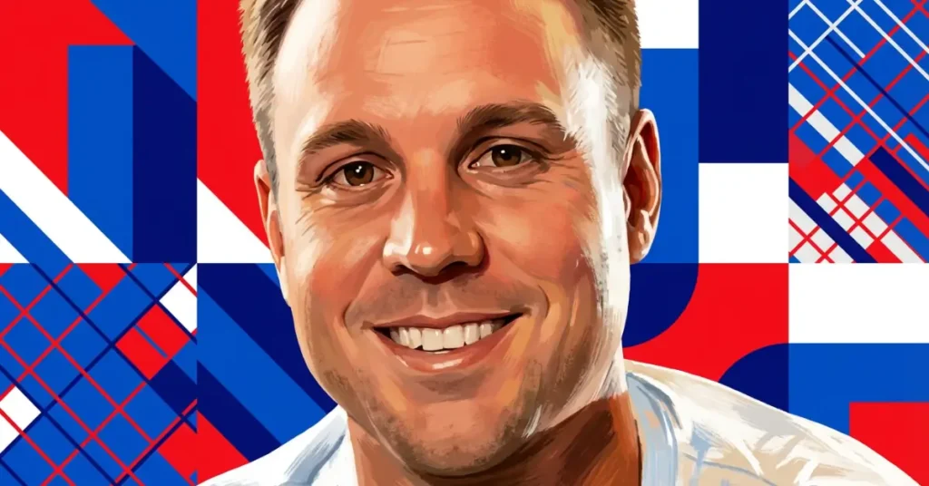 Christopher Haworth pickleball player hero image with bold red white and blue geometric background