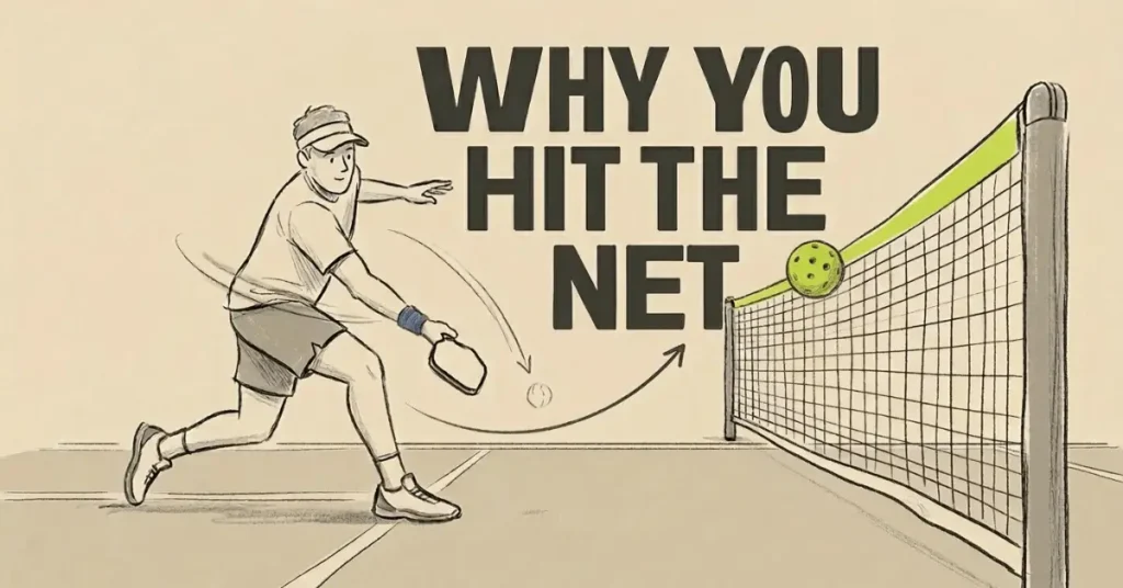 पिकलबॉल खिलाड़ी बॉल को नेट में वॉली कर रहा है